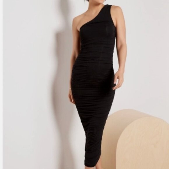 GOOD AMERICAN Ruched One Shoulder Black Midi Dress – Size 0 NWT - Picture 1 of 4